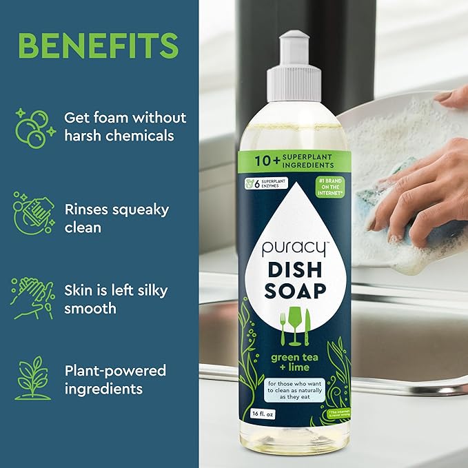 Puracy Natural Dish Soap - Skin-Softening Plant-Based Dishwashing Soap, Non-Toxic Dish Soap, Organic Liquid Dishwashing Detergent Soap (Green Tea & Lime, 16 fl oz)