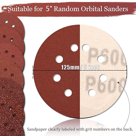 100 PCS 600 Grit 5 Inch Sanding Discs, Hook and Loop Sandpaper for Random Orbital Sander