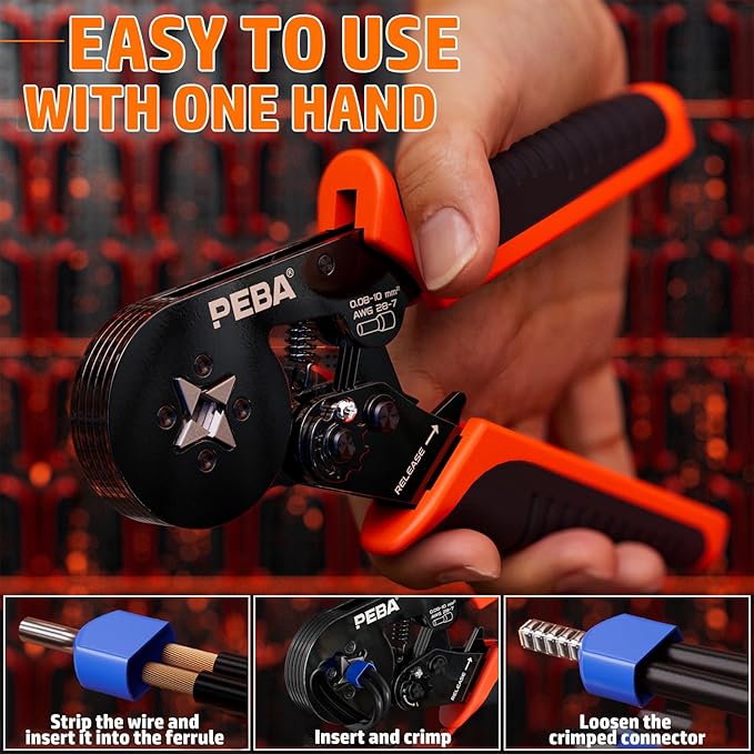 PEBA Ferrule Crimping Tool Kit, Square Pliers AWG28-7 & 28 Sizes Ferrules(AWG24-8) for Electrical Wiring/DIY Terminals | Self-Adjusting Ratchet Crimper - Copper Ferrule Kit
