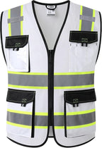 JKSafety Hi Vis Reflective Safety Vests for Men Women High Visibility Vest with Pockets Mesh Fabric Construction Safety Apparel Neon Vest for Work (220-White XL)
