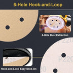 100 PCS 6 Inch 6 Hole Sanding Discs 220 Grit Hook and Loop Adhesive Round Sandpaper for Random Orbital Sander