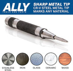 ALLY Tools Heavy Duty Automatic Center Punch w/Hardened Steel – 2PC Premium Automatic Center Punch for Metal for Machinists and Carpenters w/Adjustable Knurled Cap, Spring Loaded and Hard-Shell Case