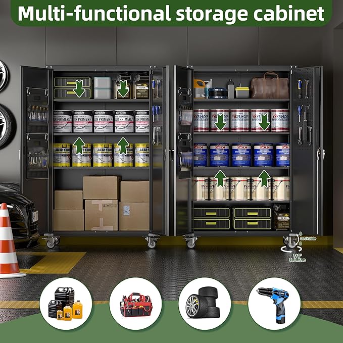 Metal Storage Cabinets on Wheels, 72.05" Steel Lockable Tool Cabinet with Shelves Pegboards Hooks for Home Office School Garage Warehouse Utility Room, Assembly Require, Black