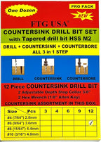 FTG USA 12 Pc #6 (9/64") Countersink Drill Bit Set with Depth Stop Collar, Hex Wrench - Tapered Drill Bits for Wood