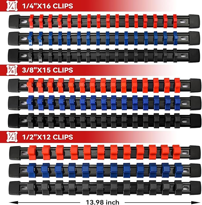 ALOANES 9PC ABS Socket Organizer, 1/2 inch, 3/8 inch and 1/4 inch Drive Socket Rail Holders, Heavy Duty Socket Racks, Black Rails with Red Blue Black Clips
