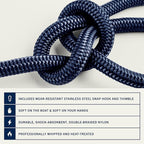 RainierSupplyCo Boat Anchor Rope - Double Braided Marine Rope Anchor Line - 50 ft x 1/4 Inch Nylon Boating Line with 316 Stainless Steel Thimble and Heavy Duty Marine Grade Snap Hook - Navy Blue