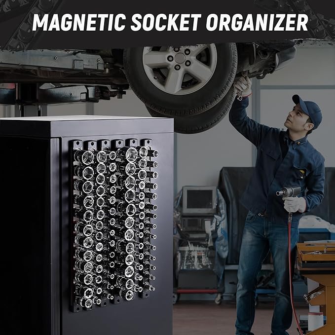 ALOANES Magnetic Socket Organizer, 1/4-Inch Drive Aluminum Socket Holder Socket Tray, Heavy Duty Socket Rail Organizer for Tool Box Drawer, 360°Swivel Clips Socket Rack 1/4-Inch x 14 Clips (Black)