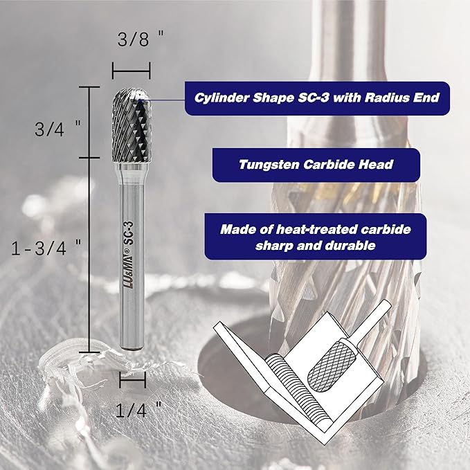 LU&MN Tungsten Carbide Burr Cylinder Shape SC-3 with Radius End Double Cut Rotary Burr File, 1pc