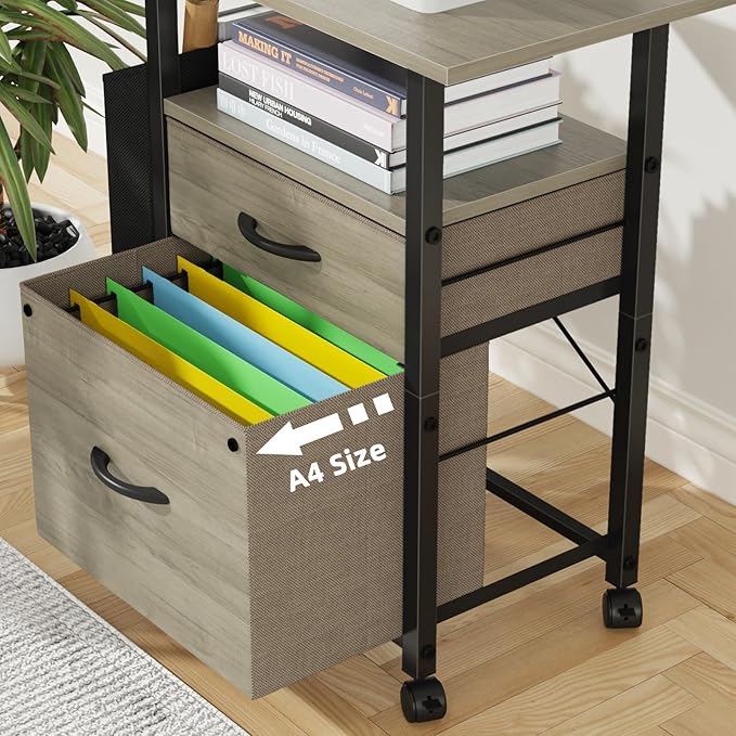 2 Drawer File Cabinet with 24'' Extended Desktop, Mobile Filing Cabinet, Rolling File Cabinet with Side Bag, Fabric Drawer, Fits A4 Size, Home Office, Oak Grey