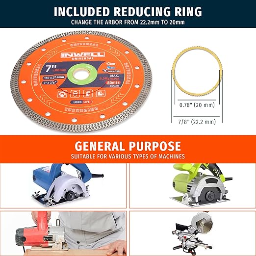 7 Inch Diamond Saw Blade, Mesh Turbo Cutting Wheel for Tile, Porcelain, Ceramic, Granite, Marble - 10mm Segment, Super Thin 1.6mm, 7/8" Arbor with Flange - Dry or Wet Cutting