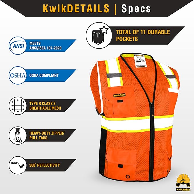 KwikSafety - Charlotte, NC - BIG KAHUNA Safety Vest [11 Pockets] Class 2 ANSI OSHA Reflective Vest Durable High Visibility Vest Construction Safety Vest for Men Industrial Work Gear/Orange XL
