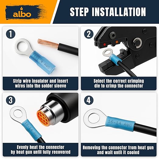 250PCS Blue Heat Shrink Ring Terminal Kit – 16-14 AWG Wire Terminal Connectors Assortment, 6 Sizes (#8, #10, 1/4", 5/16", 3/8", 1/2") – Waterproof Tinned Copper Electrical Ring Connectors