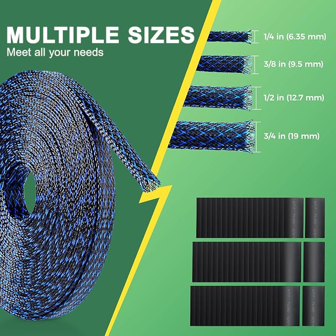 132 ft Expandable Braided Cable Sleeve Wire Loom PET Wire Sleeving，Wrap Management Mesh for Audio Video and Other Home Device Cable Automotive Wire - (1/2 Inch, 1/4 Inch, 2/5 Inch,3/4 Inch,Blue)