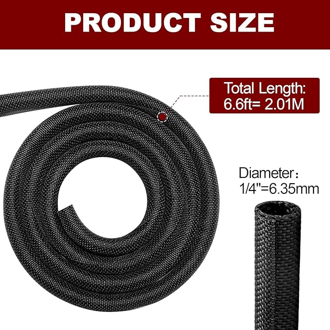 Automotive Wire Loom High Temperature Braided Wire Loom, Split-Sleeve Heat Resistant Wiring Loom Cord Cover for Harness Wires, Self-Wrapping Heavy Duty Sheathing Cable Management Black（6.6ft-1/4inch ）
