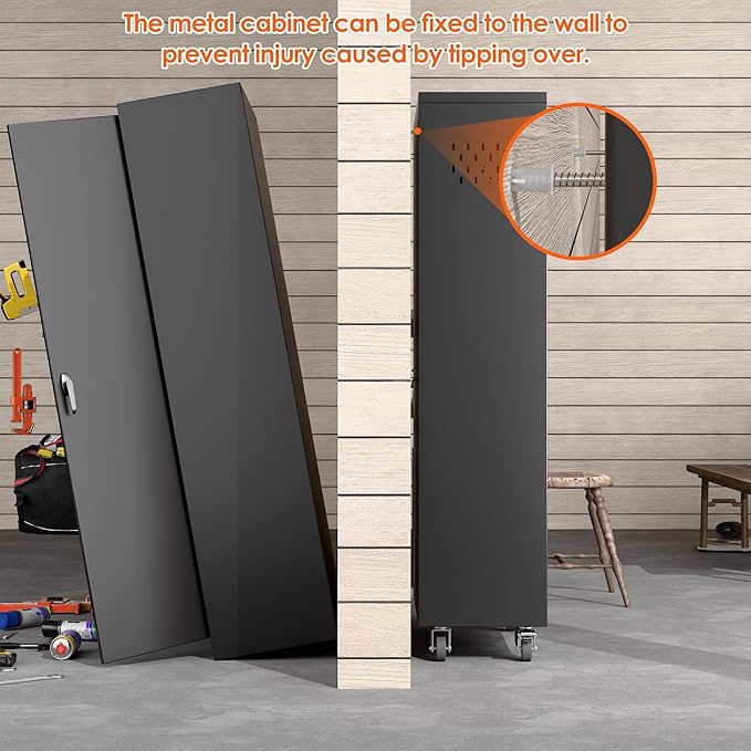 61.7" H Broom Storage Cabinet Closet with Wheels and Doors,Rolling Tool Cabinet with Pegboard,Adjustable Shelves and Rod for Garage Warehouse Home,Required Assembly,Black