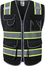 JKSafety 9 Pockets High Visibility Zipper Front MESH Black Safety Vest | Black with Dual Tone High Reflective Strips | ANSI/ISEA Standards (100-Black, M)