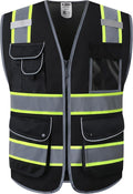 JKSafety 9 Pockets High Visibility Zipper Front MESH Black Safety Vest | Black with Dual Tone High Reflective Strips | ANSI/ISEA Standards (100-Black, L)