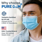 PURE GEM [Pack of 150] Single Use Disposable Blue Face Mask, Soft on Skin, 3-ply Masks Facial Cover with Elastic Earloops Great For Home, Office, School, and Outdoors