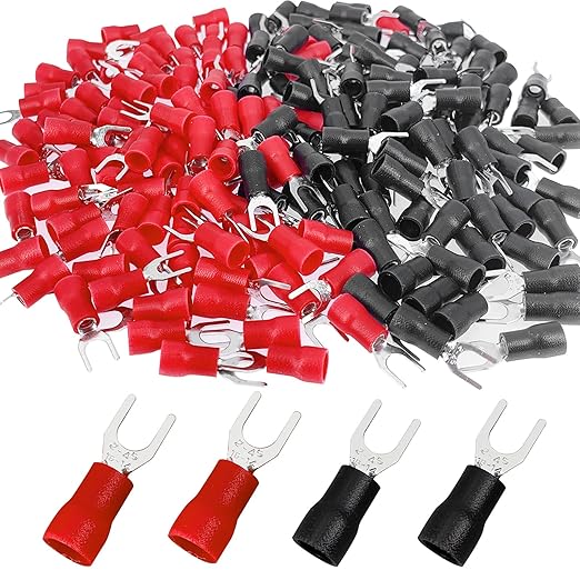 200 Pcs 16-14 AWG #8 Black & Red Insulated Fork Spade Wire Connector U Type Electrical Crimp Terminals (100 Pcs Red +100 Pcs Black)