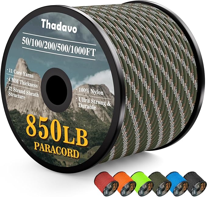 850Ib Reflective Paracord Rope, 50/100/200/500/1000ft 4MM 11 Strand Parachute Cord, Survival Paracord Rope Tie Down for Crafting, Tent, Camping, Clotheline, Hiking, Fishing, Camo Green 1000FT