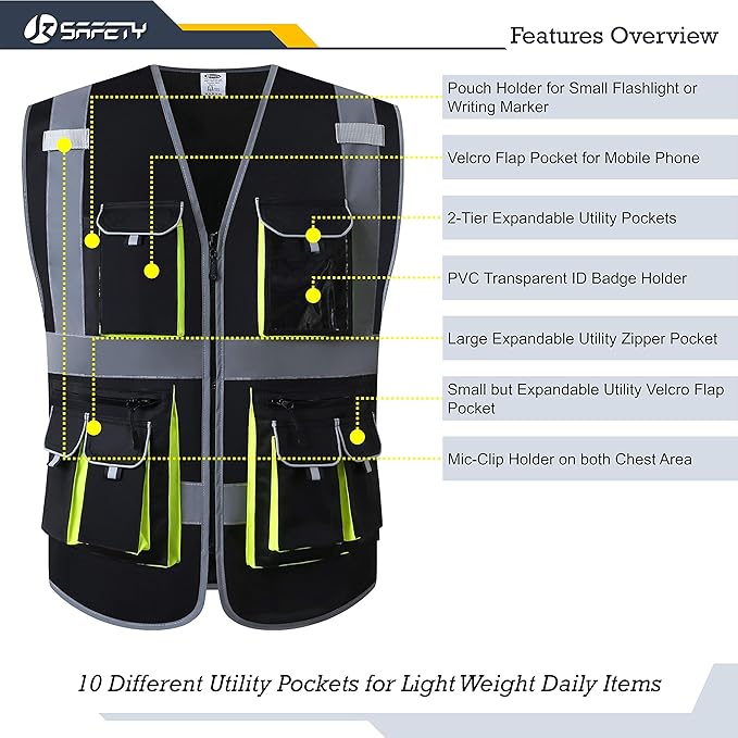JKSafety 10 Pockets High Visibility Zipper Front Black Safety Vest with High Reflective Strips Meets ANSI/ISEA Standards (3X-Large, 88-Black)