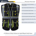 JKSafety 10 Pockets Black Color Safety Vest Zipper Front with High Reflective Strips Meets ANSI/ISEA Standards (88-Black, XX-Large)