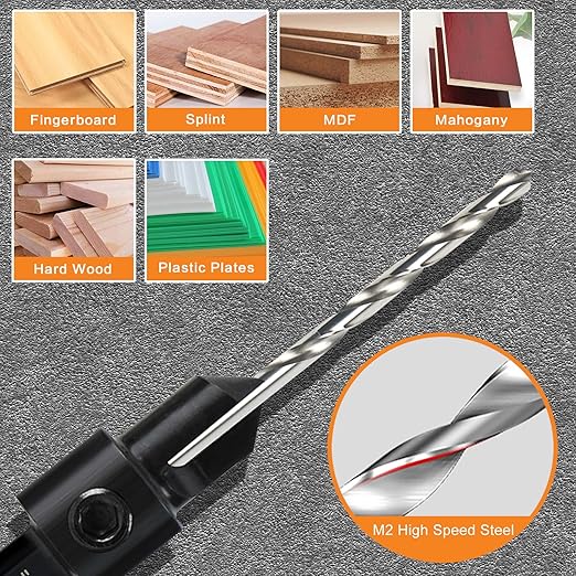 8 Pack Woodworking Countersink Drill Bits Set 3in1, Heavy Duty M2 Pilot Drill Bits Depth Adjustable, 82-Degree Chamfer, 1/4” Hex Shank, for #4#6#8#10#12#14 Screws in Soft & Hard Wood