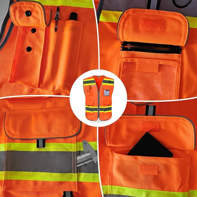 TCCFCCT Hi Vis Vest 9 Pockets High Visibility Reflective Safety Vest for Men Women, Construction Work Vest with Fluorescent Yellow Extend Edge, Durable to Use, Meets ANSI/ISEA, (DB-Orange, Medium)