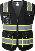 JKSafety Hi Vis Reflective Safety Vests for Men Women High Visibility Vest with Pockets Mesh Fabric Construction Safety Apparel Neon Vest for Work (220-Black S)