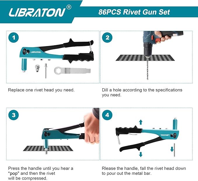 Rivet Gun, Rivet Gun Kit, Pop Rivet Gun, 80PCs Metal Rivets and 4 Drill Bits, Heavy Duty Hand Riveter, Rivet Gun Tool for Metal, Automotive, Blind Rivets 3/32" 1/8" 5/32" 3/16"