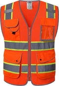 JKSafety 9 Pockets Hi-Vis Reflective Safety Vest | Mesh Fabric | Fluorescent Orange Color with Neon Yellow Extended Trims | ANSI/ISEA Compliance (100-Orange, L)