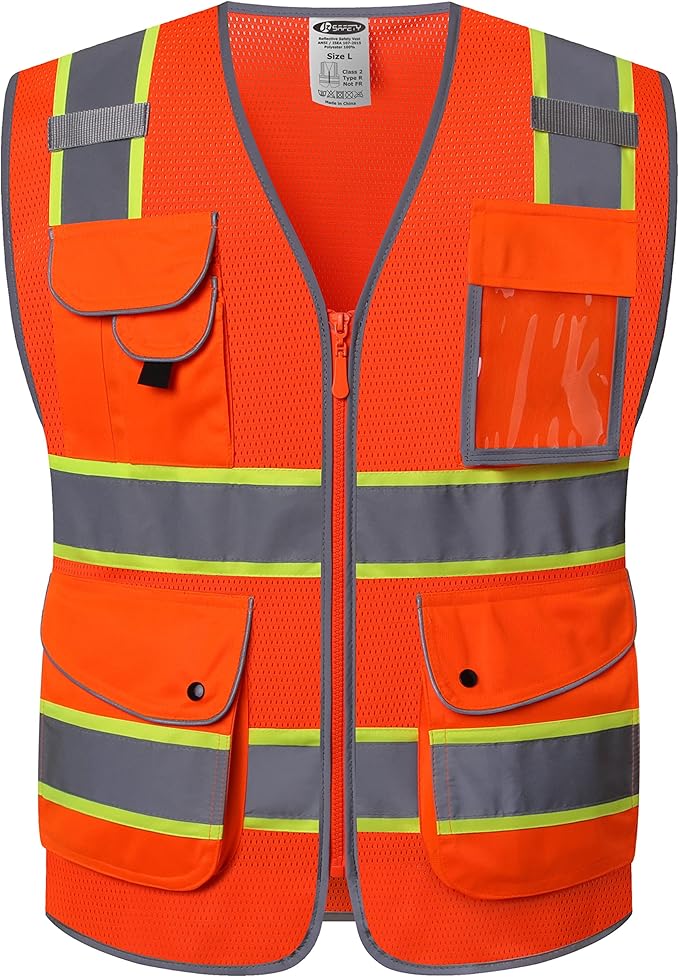 JKSafety 9 Pockets Hi-Vis Reflective Safety Vest | Mesh Fabric | Fluorescent Orange Color with Neon Yellow Extended Trims | ANSI/ISEA Compliance (100-Orange, M)