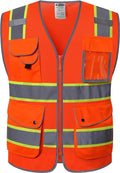 JKSafety 9 Pockets Hi-Vis Reflective Safety Vest | Mesh Fabric | Fluorescent Orange Color with Neon Yellow Extended Trims | ANSI/ISEA Compliance (100-Orange, 3XL)