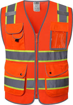 JKSafety 9 Pockets Hi-Vis Reflective Safety Vest | Mesh Fabric | Fluorescent Orange Color with Neon Yellow Extended Trims | ANSI/ISEA Compliance (100-Orange, 3XL)