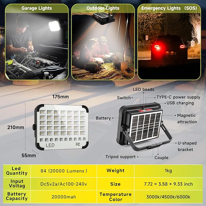 200W LED Solar Work Light 20000LM Magnetic Portable Light, 20000mAh Rechargeable with 5 Modes, IP66 Waterproof for Outdoor Camping, Car Repair, Building, Workshop, Garage, Emergency