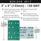3" x 5" (80mm x 133mm) 14-Hole 150 Grit Sanding Sheets - Fits Festool RTS 400 & Mirka Deos 353 - Heavy-Duty Hook & Loop Film Abrasives - Sandpaper for Sheet Sanders - 50 Pack Box