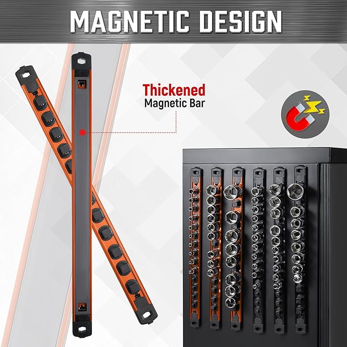 ALOANES 1/2-Inch Drive Magnetic Socket Organizer, Heavy Duty Aluminum Socket Rail Organizer, 360° Swivel Clips Socket Holder Kit for Tool Box, 1/2-Inch Socket Holder x 12 Clips (Orange)