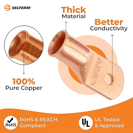SELTERM 2pcs 3/0 AWG 1/4" Stud Copper Wire Lugs, Ring Terminals, Battery Cable Ends, 000 Gauge Ring Terminal Connectors, UL Heavy Duty Bare Copper Eyelets Battery Terminal Connectors