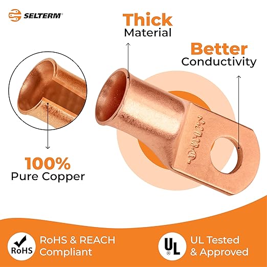 SELTERM 2pcs 2/0 AWG 3/8" Stud Copper Wire Lugs, Battery Lugs, Ring Terminals, Battery Cable Ends, 00 Gaug Ring Terminal Connectors, UL Heavy Duty Bare Copper Eyelets Battery Terminal Connectors