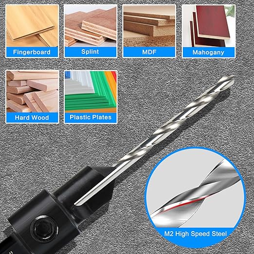 7 Pack Countersink Drill Bits Set, Wood Drill Countersink Counterbore 3in1, Three 82-Degree Chamfer Cutters, M2 Counterbore Cutting Depth Adjustable, with 2 Allen Wrenches and 1/4” Hex Shank