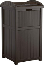 Suncast 2 Pack 33 Gallon Durable Plastic Hideaway Outdoor Garbage Can with Secure Lid and Wicker Design for Home Backyards, 1 Java Brown and 1 Taupe