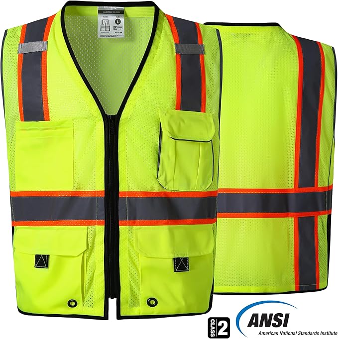 SKSAFETY 10 Pockets Professional level Safety Vest, Class 2 High Visibility Security Vest with Zipper, Hi Vis Vest with Reflective Strips, ANSI/ISEA Standard, Construction Work Vest（Lime, M）