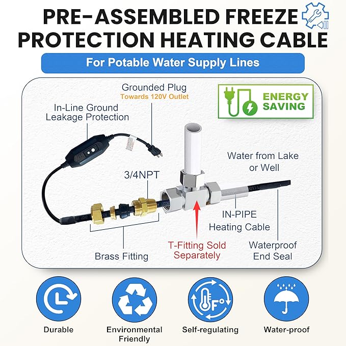 MAXKOSKO In Line Heating Cable Prevents Water Supply from Freezing, CSA Certified Safe for Drinking Water Pipe, 85Ft 120V