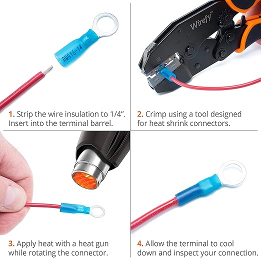 Wirefy 130 PCS Heat Shrink Ring Terminals #6 - a Resistant Ring Connectors - Eyelet Wire Connectors - Blue 16-14 AWG