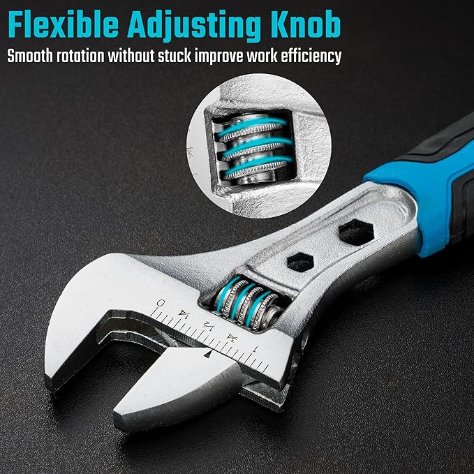 DURATECH 8 Inch Adjustable Wrench, 3-in-1 Spanner with Box End/Hex Function, CR-V Steel, Metric & SAE Scales, Chrome-plated, Bi-material soft Grip