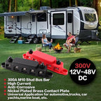 300A Bus Bar 5 Post 12V-48V DC Power Distribution Block,5 * 3/8"(M10) Battery Terminal Studs with Cover and Wire Lugs for Wiring,Automotive,Marine,Battery busbar (Red&Black)