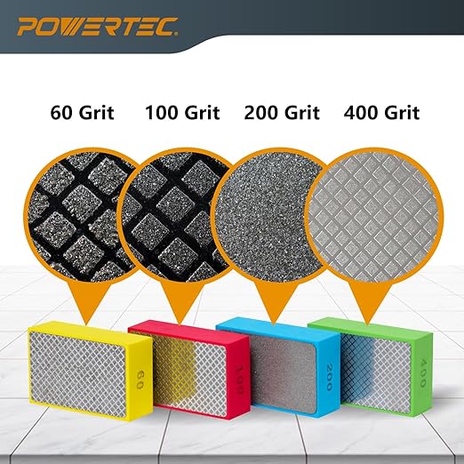 POWERTEC Diamond Hand Polishing Pads 200 Grits 2Pack, Diamond Sanding Block for Polishing and Grinding Porcelain, Ceramic Tile, Glass, Granite, Stone, Wood & Metal (71906-P2)