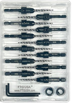 FTG USA 12 Pc #6 (9/64") Countersink Drill Bit Set with Depth Stop Collar, Hex Wrench - Tapered Drill Bits for Wood