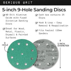 5-Inch 9-Hole 40 Grit Sanding Discs - Heavy-Duty Hook & Loop Film Discs - Sandpaper for Random Orbital Sanders - 25 Pack Box
