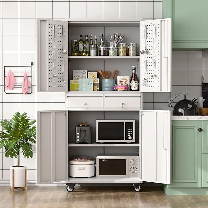 71" H Metal Garage Storage Cabinet with Wheels and Doors,Rolling Tool Cabinet with Pegboard and 2 Lockable Drawer for Garage Warehouse Home,Required Assembly,Grey and White